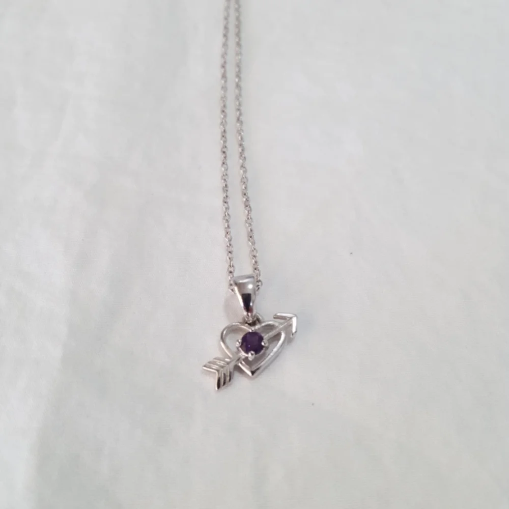 Girls Necklace small heart w arrow and purple stone